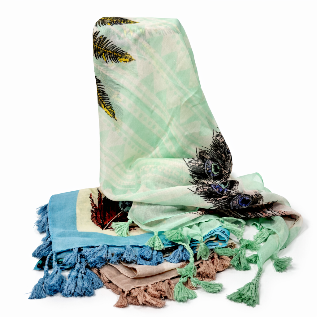 CHALINA ESTAMPA PLUMA Y BORLAS