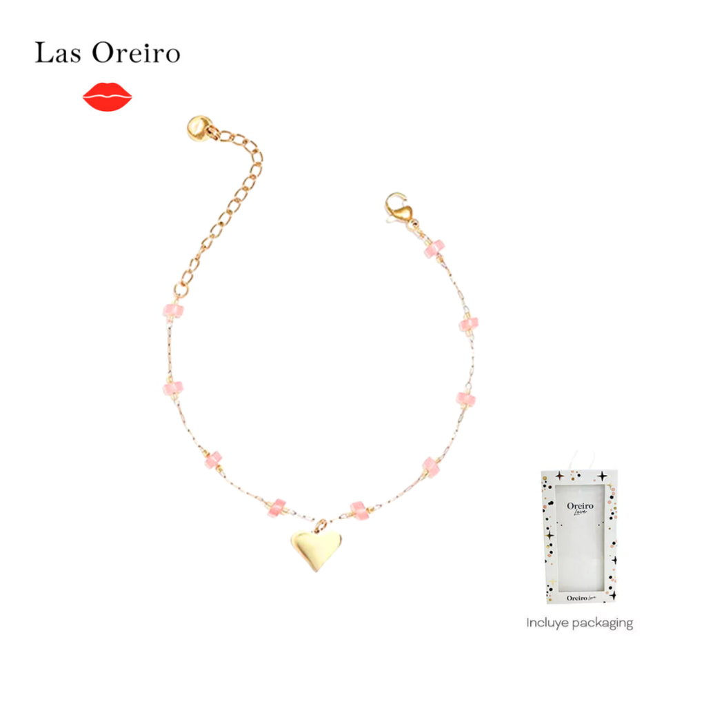 PULSERA LAS OREIRO CORAZON CON PIEDRAS ROSADAS  CON PACKAGING