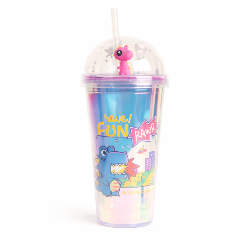 VASO CON TAPA Y BOMBILLA DINO
