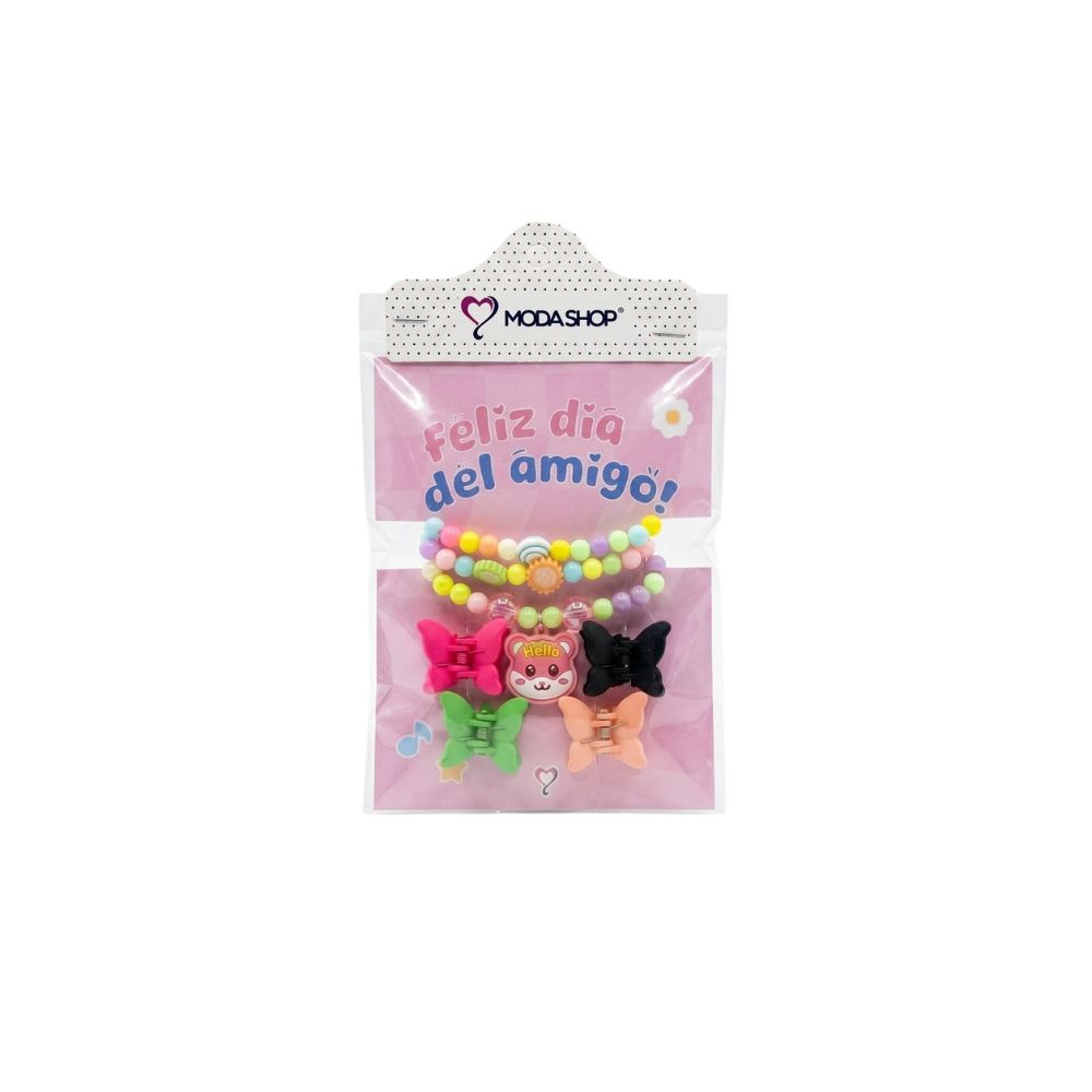 COMBO 4 DIA DEL AMIGO INFANTIL PULSERAS Y BROCHES MARIPOSA