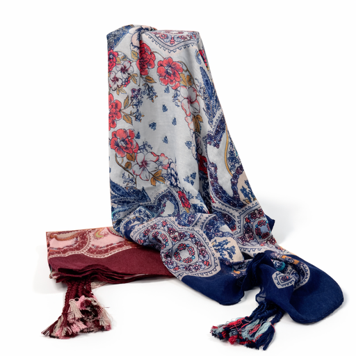 [35816] PAÑUELO RECTANGULAR ESTAMPA Y  BORLAS