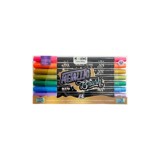 [43099] MARCADORES LONG DOBLE PUNTA PINCEL METALIZADOS X8