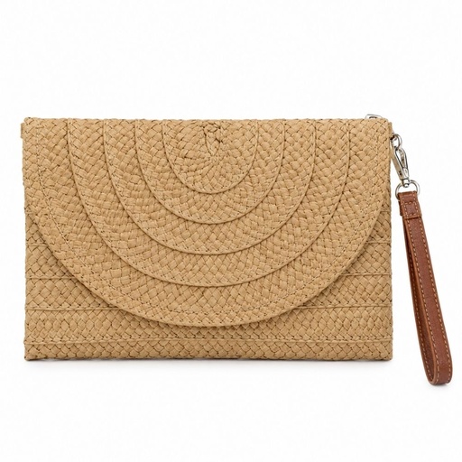 [53681] SOBRE CLUTCH  RAFIA DE MANO SOLAPA CIRCULAR Y CORREA
